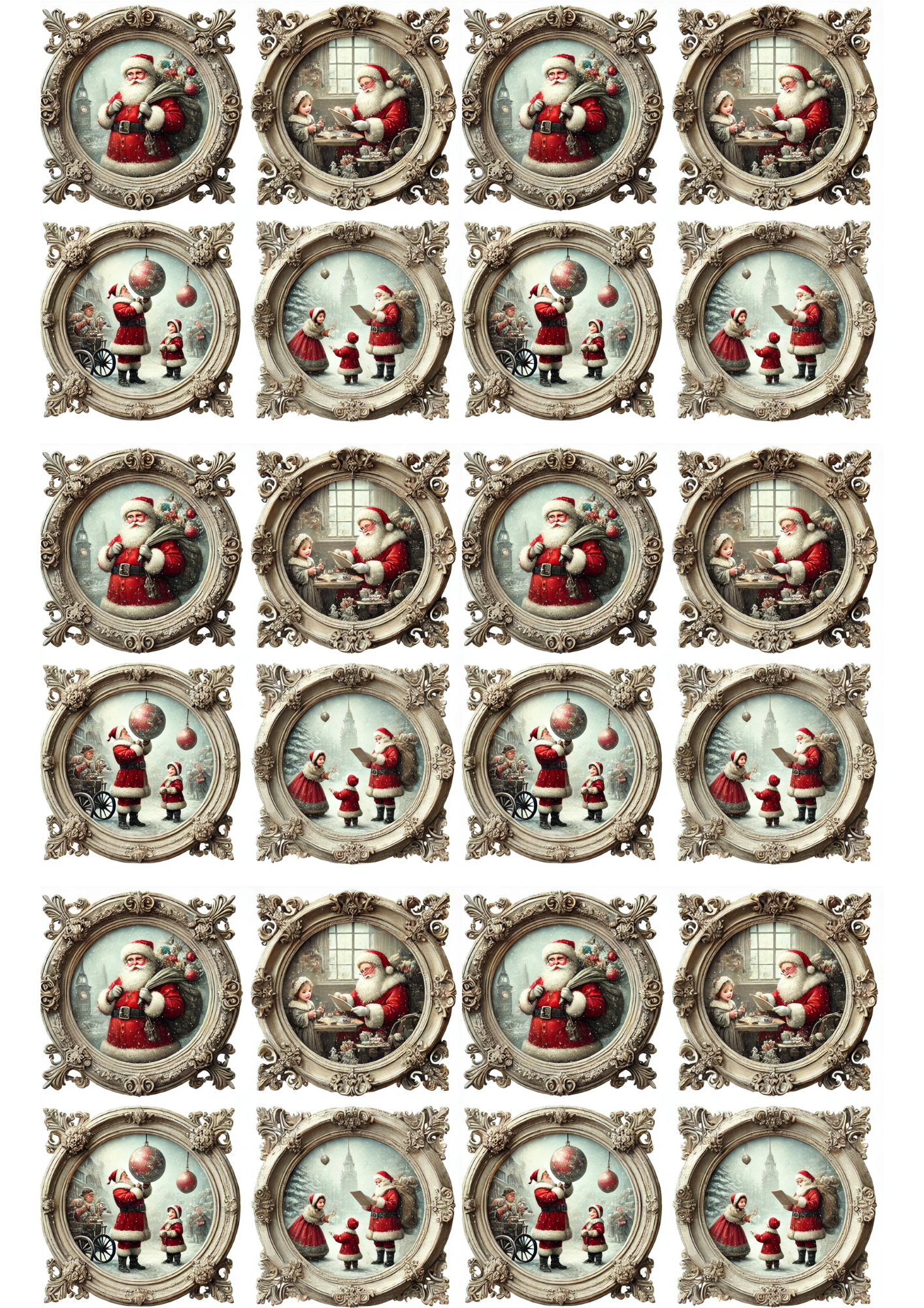 Rice Paper For Decoupage Santa Claus Scenes In Round Frames Collage Cat. No. 3145