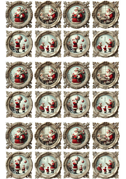 Rice Paper For Decoupage Santa Claus Scenes In Round Frames Collage Cat. No. 3145