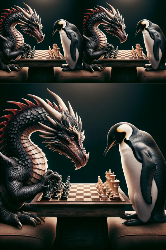 Reispapier für Decoupage Drache und Pinguin spielen Schach Kat. Nr. 324