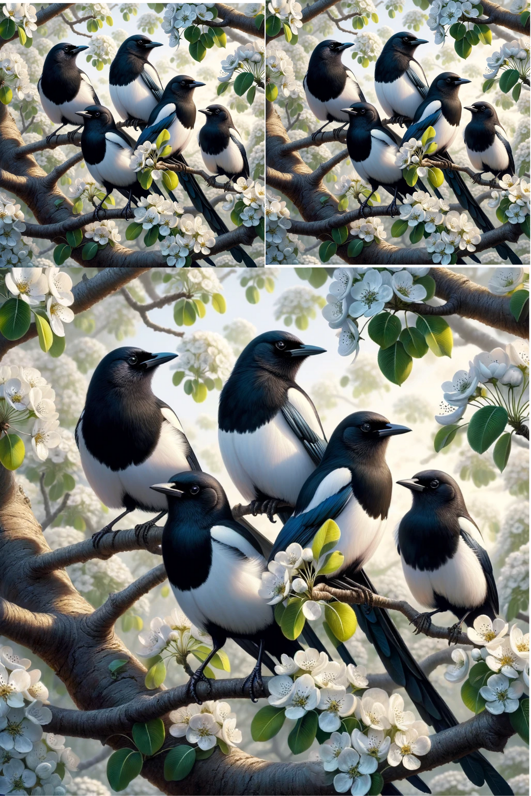 Reispapier für Decoupage Elstern auf einem Birnbaum Collage Katze Nr. 807