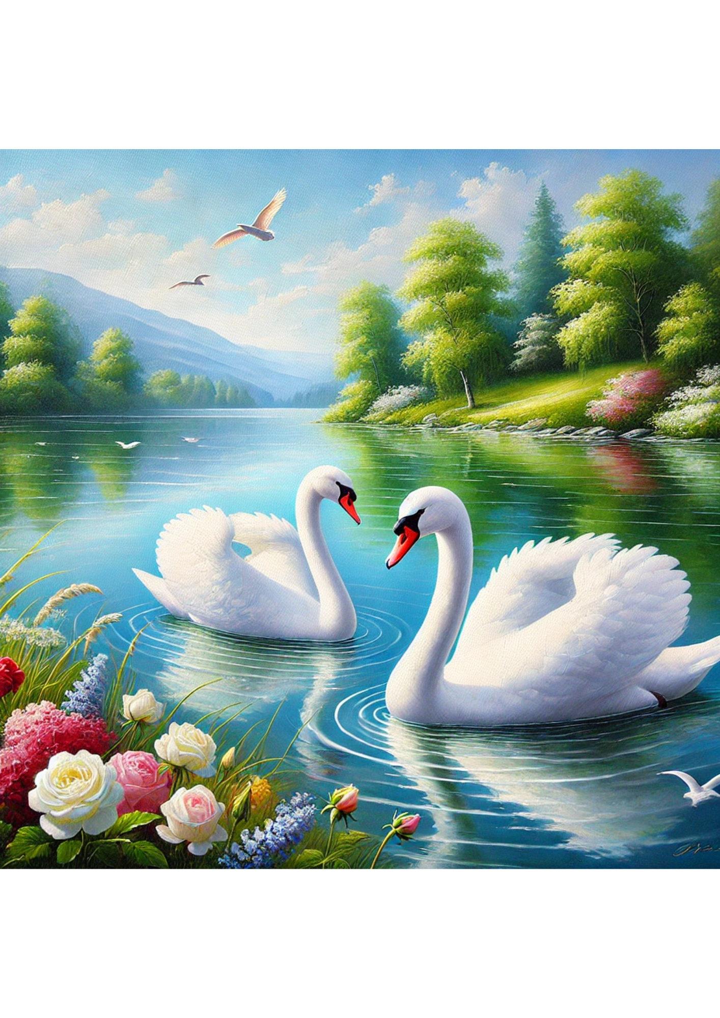 Reispapier für Decoupage Schwäne auf dem Fluss, volle Kat.-Nr. 2506