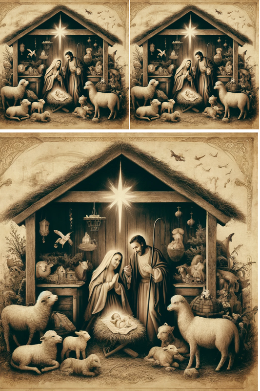 Reispapier für Decoupage Heilige Familie im Stall von Bethlehem Vintage Collage Katze Nr. 845