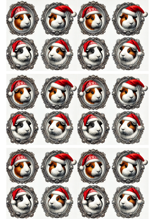 RRice Paper For Decoupage Guinea Pig In Christmas Hat In Ovals Collage Cat. No. 3163