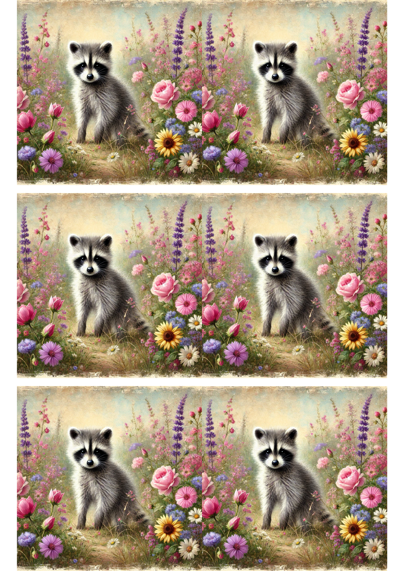 Reispapier für Decoupage-Collage „Waschbär auf Frühlingswiese“ Kat. Nr. 3165