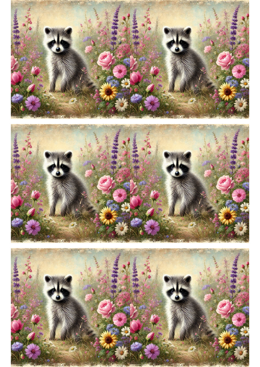 Reispapier für Decoupage-Collage „Waschbär auf Frühlingswiese“ Kat. Nr. 3165
