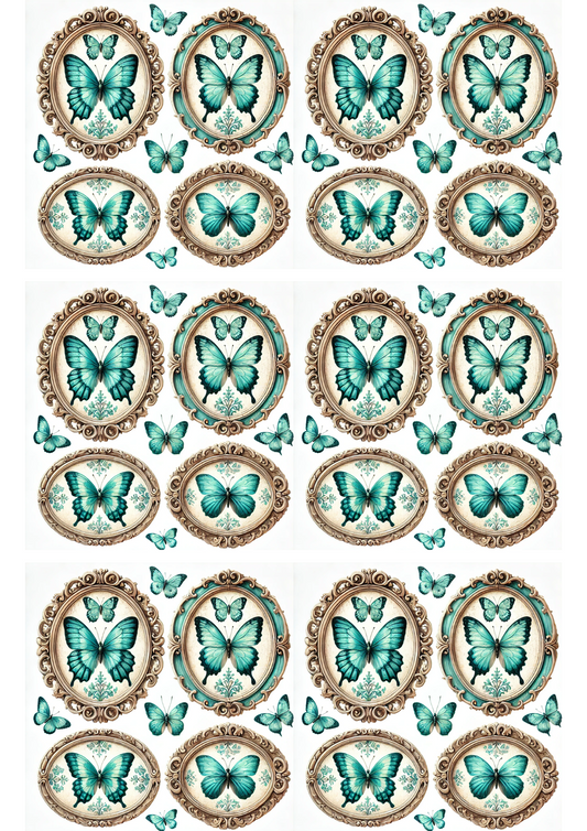 Rice Paper For Decoupage Turquoise Butterflies In Ovals Collage Cat. No. 3169