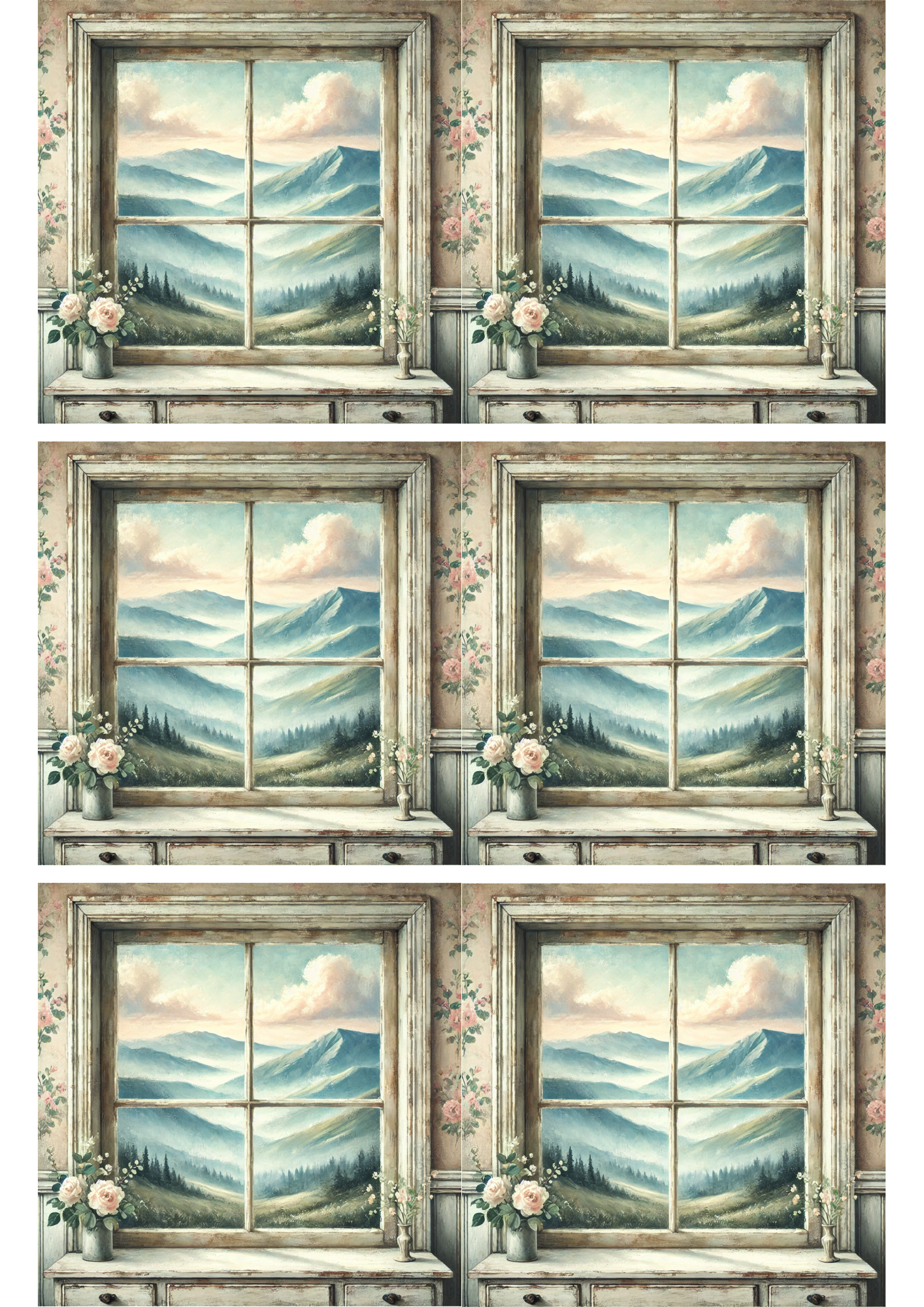 Reispapier für Decoupage-Collage „Bergblick durchs Fenster“, Kat. Nr. 3173