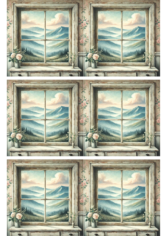 Reispapier für Decoupage-Collage „Bergblick durchs Fenster“, Kat. Nr. 3173