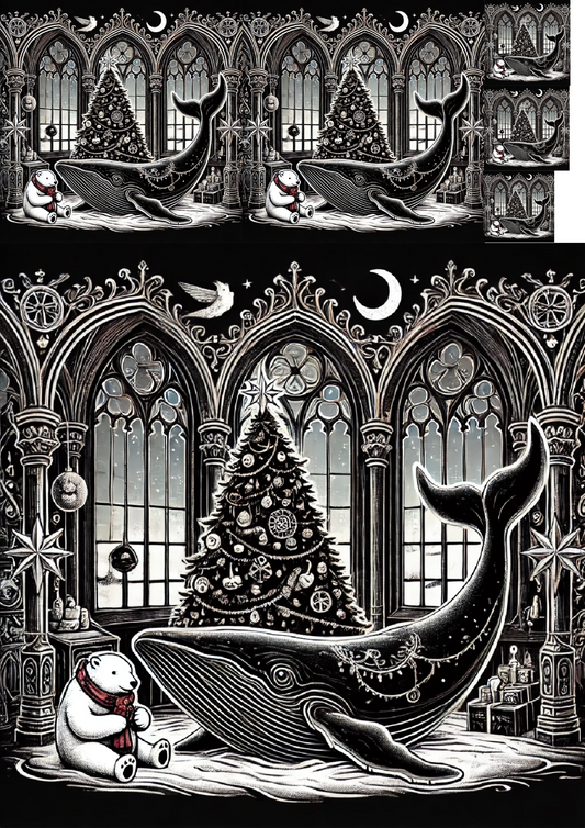 Reispapier für Decoupage Wal, Teddybär und Weihnachtsbaum im Gothic-Stil Collage Kat. Nr. 1248