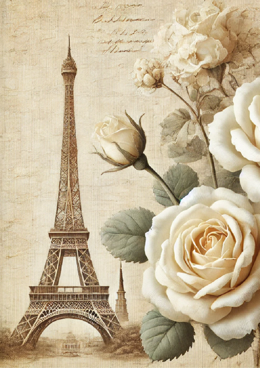 Rice Paper For Decoupage Eiffel Tower And Roses Vintage Full Cat. No. 2654